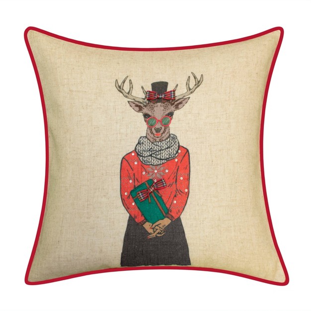 Reindeer Girlfriend Plaid Square Throw Pillow Natural red Edie home