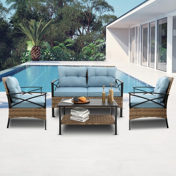 4 Piece Outdoor Conversation Chair Set With Cushion，Patio Rattan Wicker Set with 2 Single chairs and Loveseat，Coffee Table