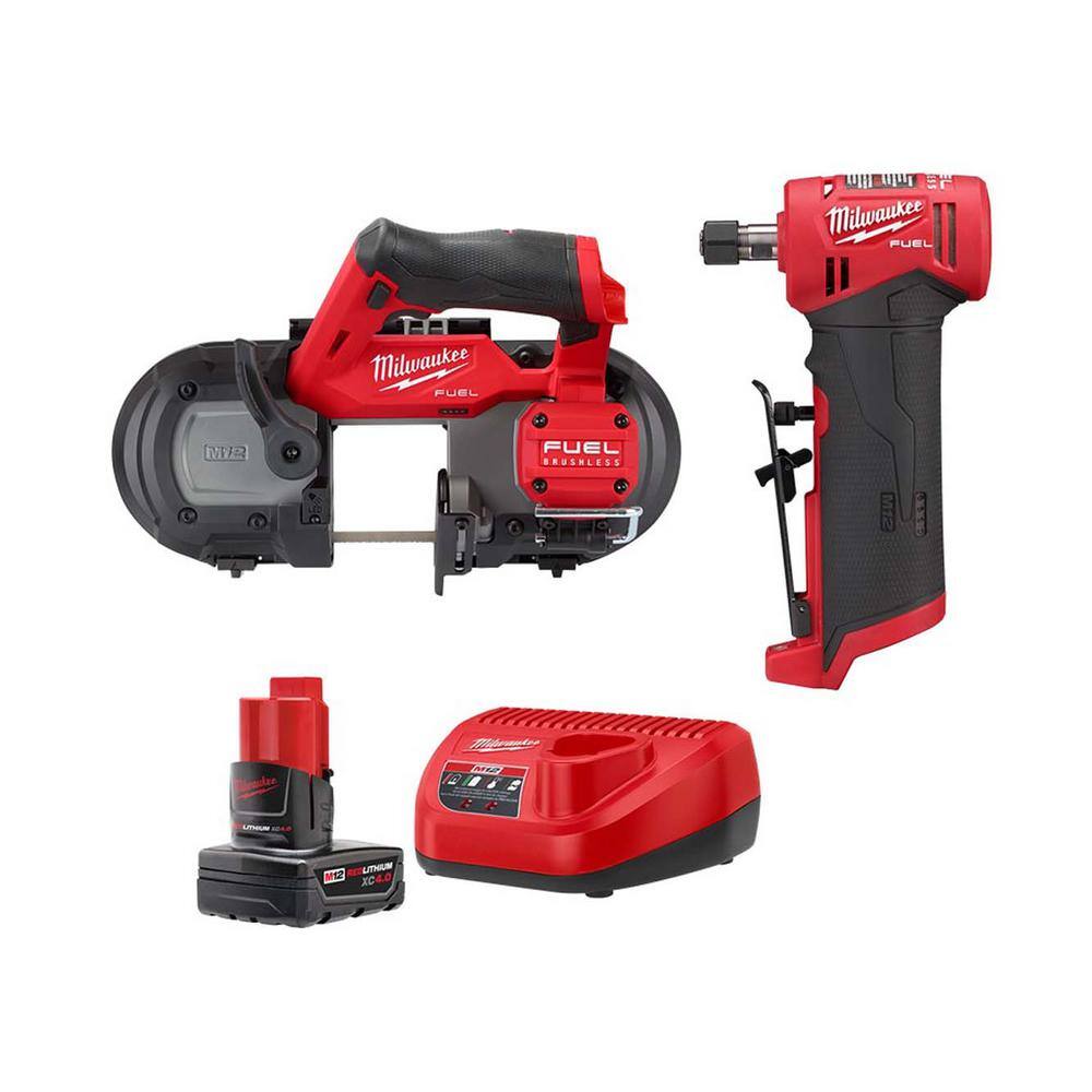 MW M12 FUEL 12-Volt Lithium-Ion Cordless Compact Band Saw  M12 FUEL 14 in. Right Angle Die Grinder with Battery  Charger 48-59-2440-2529-20-2485-20