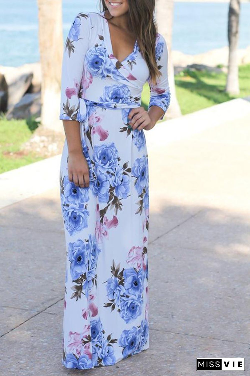 Mixed Color Flower Printed V Neck Maxi Dress