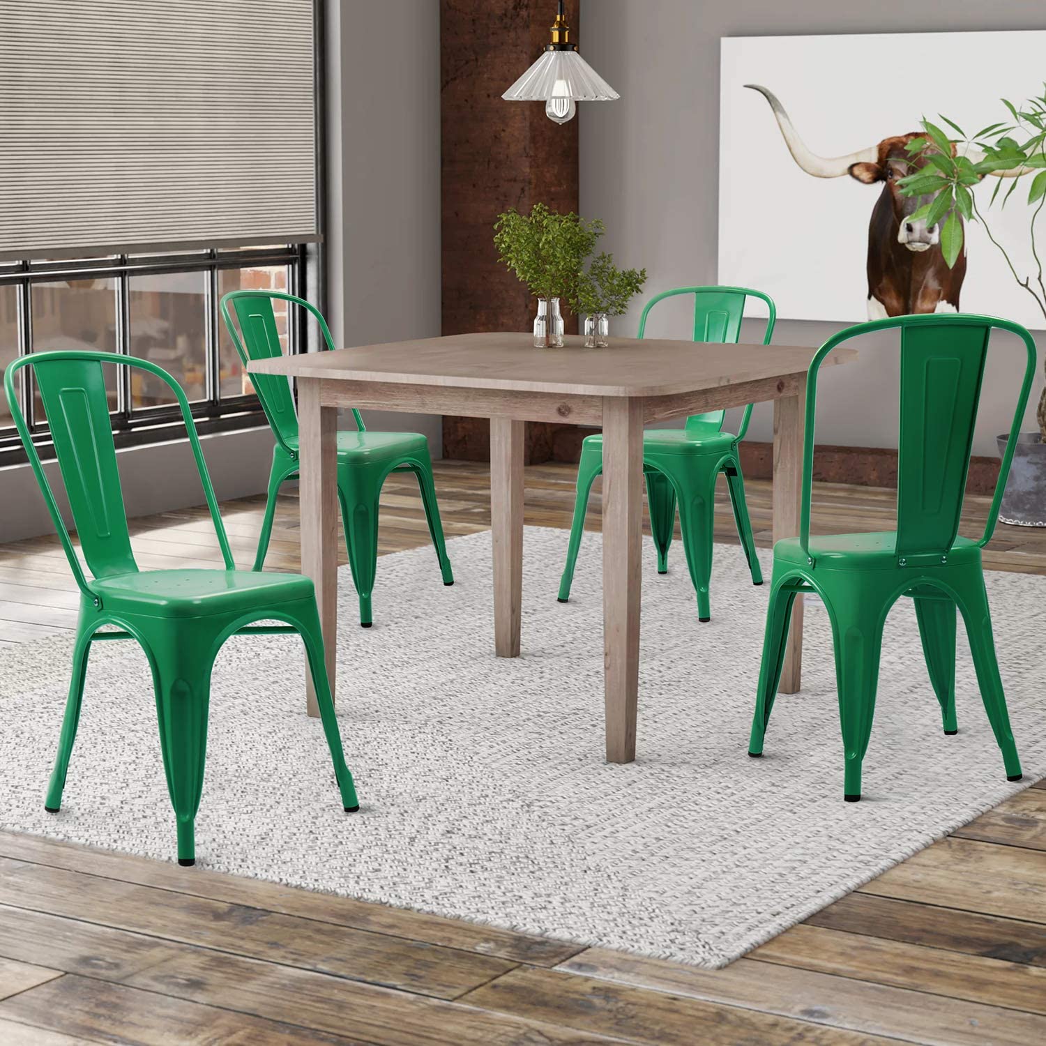 VINEEGO Metal Dining Chair Indoor-Outdoor Use Stackable Classic Trattoria Chair Fashion Dining Metal Side Chairs for Bistro Cafe Restaurant Set of 4 (Green)