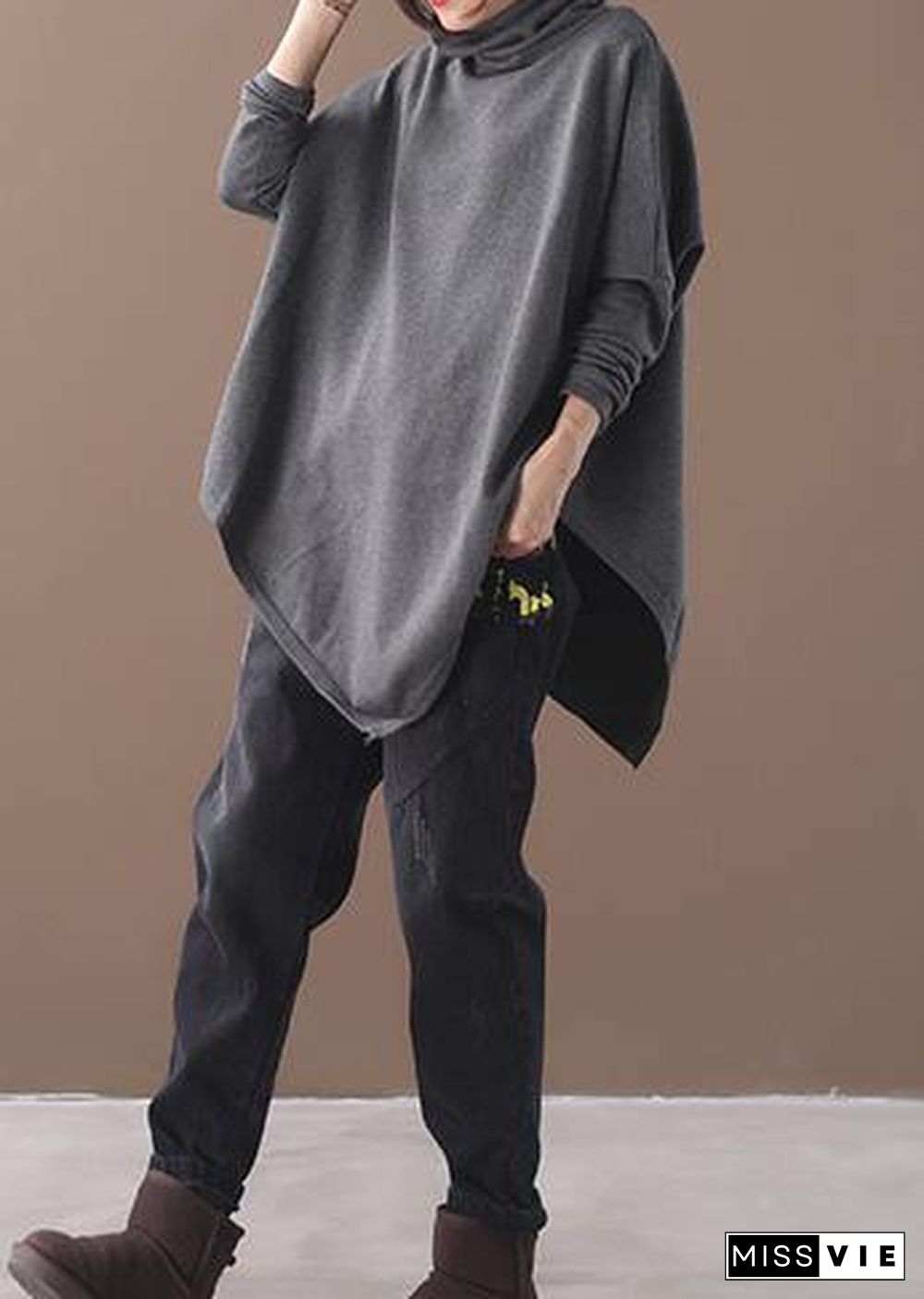 diy asymmetric hem cotton high neck shirts Work gray blouse