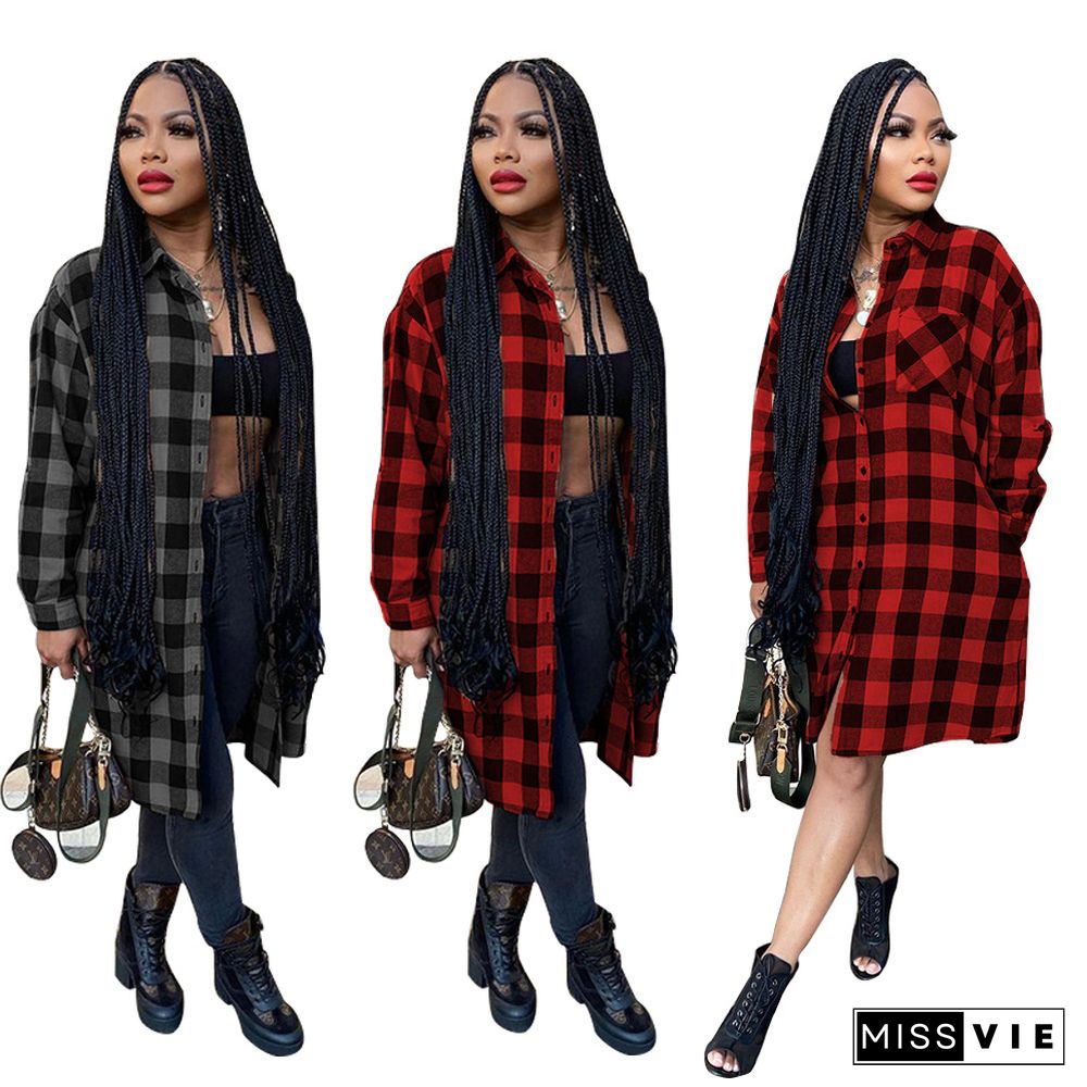 Plaid Print Long Sleeve Shirt Midi Dress