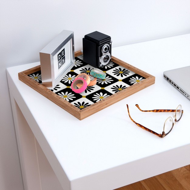 Cat Coquillette Checkered Daisies Black White Medium Square Bamboo Tray Deny Designs