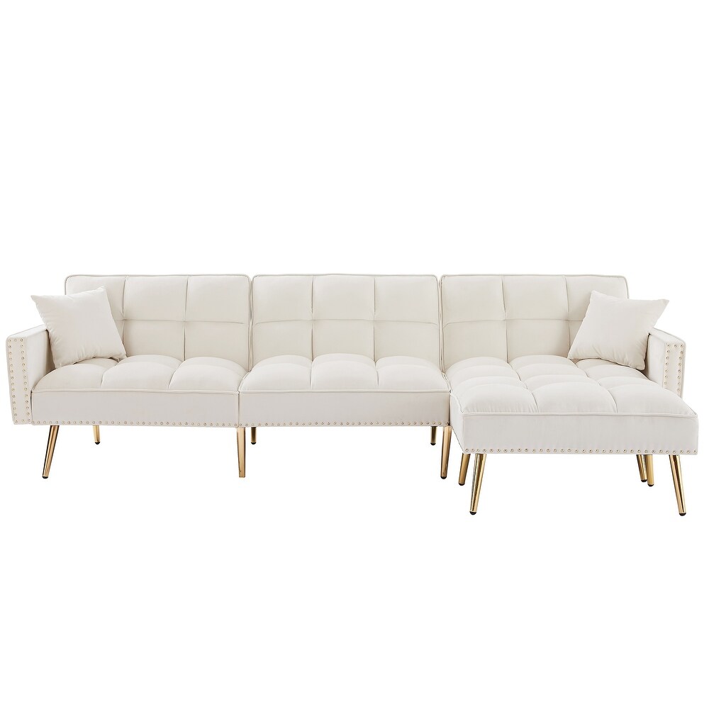 Velvet Upholstered Reversible Sectional Sofa Bed with Chaise Lounge