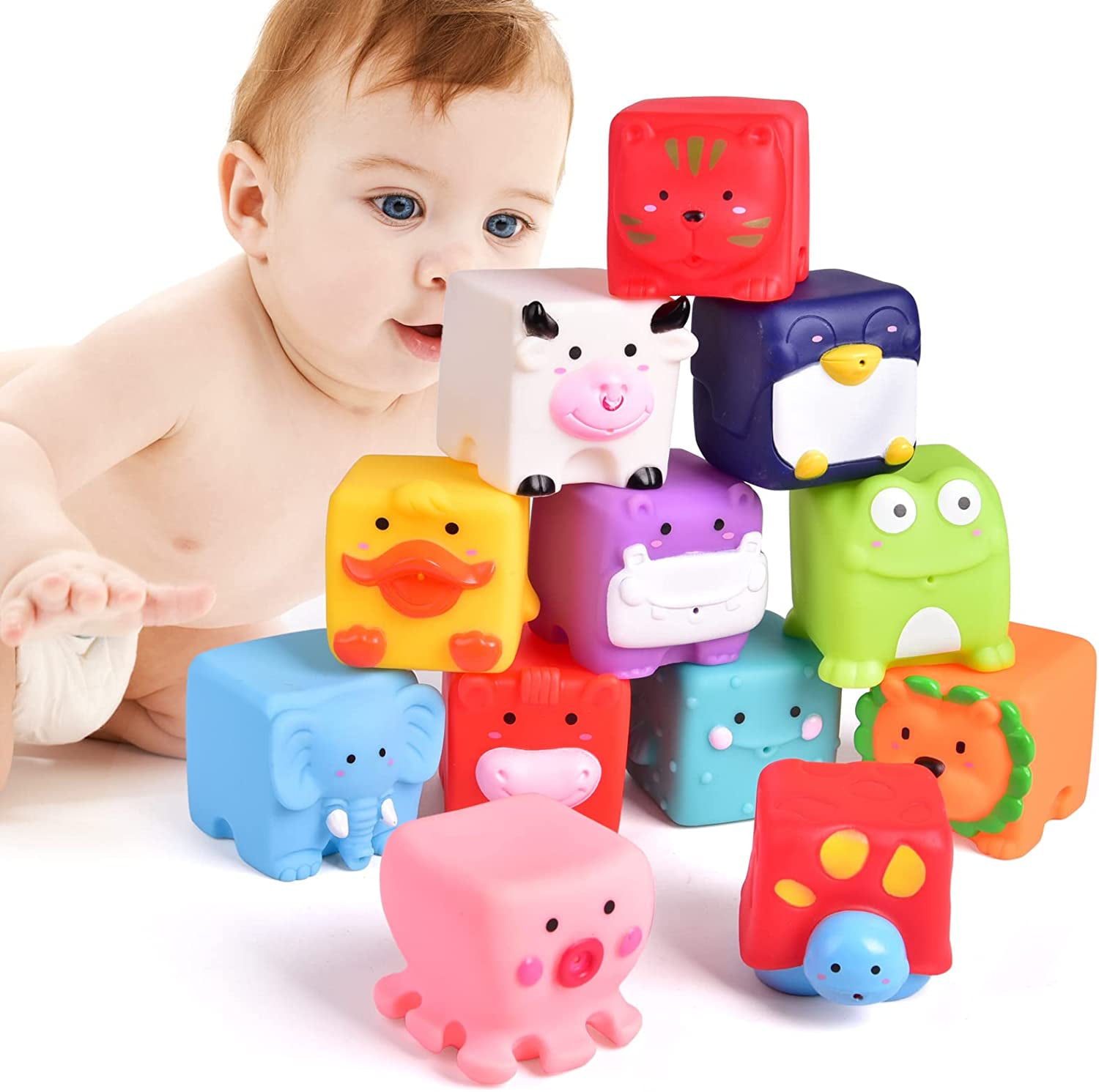 Fun Little Toys 12 Pcs Kids Bath Toys， Soft Cube Bath Squirters for Toddler，Squeeze Water Toys Building Blocks for Kids，Birthday，Xmas Gifts for Boys，Girls