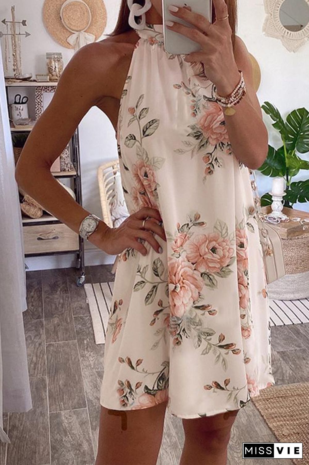 Pretty Floral Print Lace-up Halter Dress