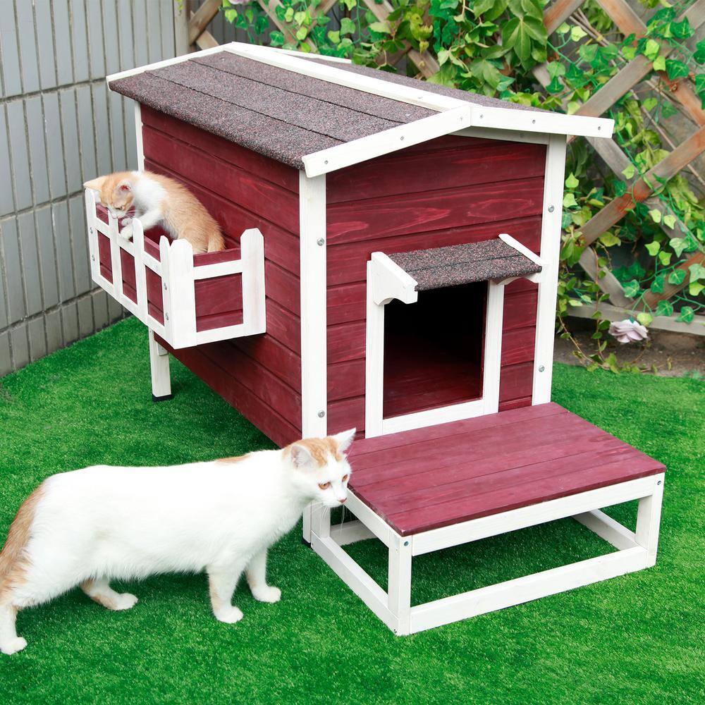 Red Solid Wood Cat House Larger Design for 3 Adult Outdoor Cats Weatherproof CATTHHHHOUS-2