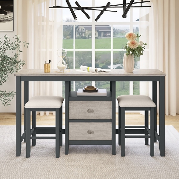 3piece Counter Height Wood Dining Table Set With Cabinet，2 Storage Drawers And 2 Stools