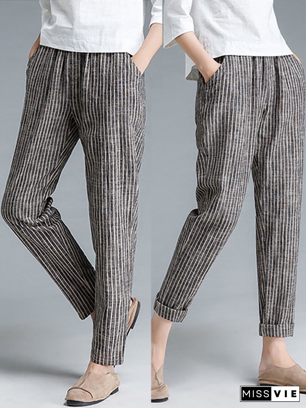 Plus Size Buykud Stripe Cotton Linen Women Pants