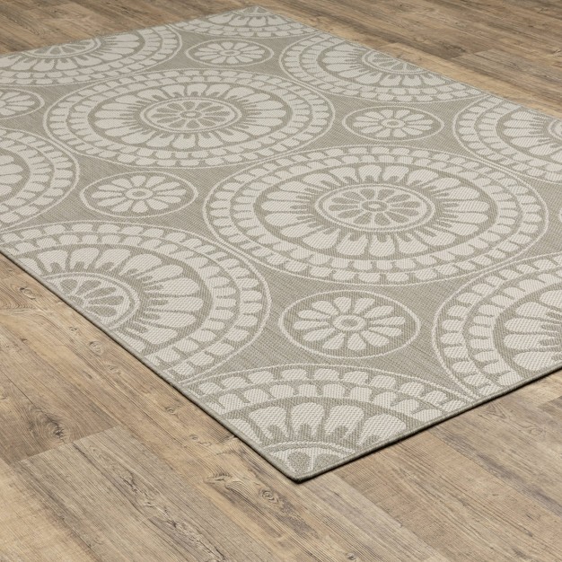 Paloma Floral Medallions Patio Rug Gray ivory Captiv8e Designs