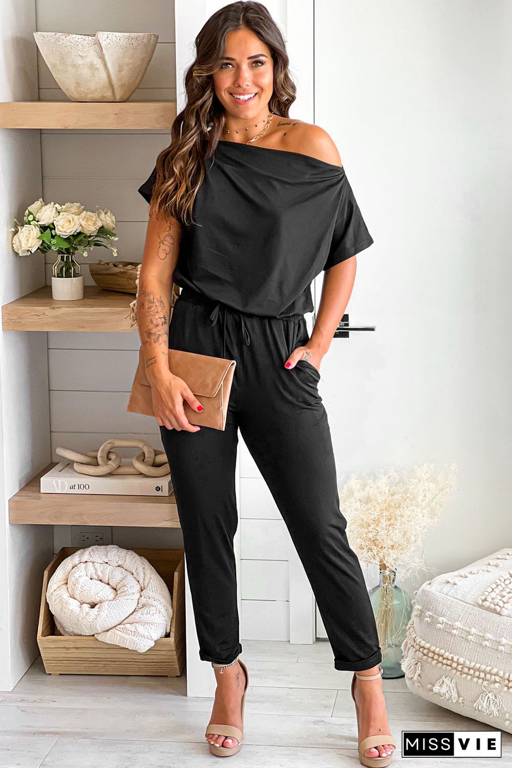 Black Tie Waist Short Sleeve Tapered Jumpsuit