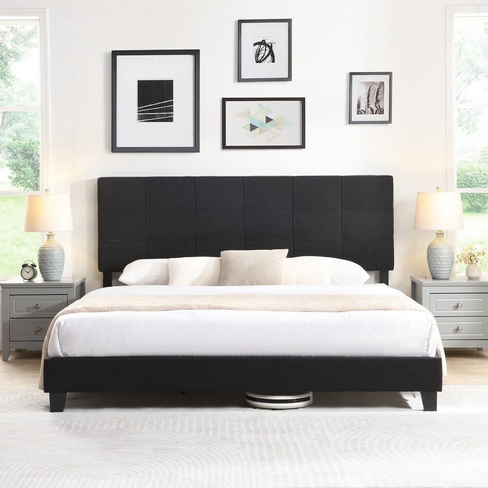 King Size Upholstered Platform Bed Frame with Linen Fabric Headboard