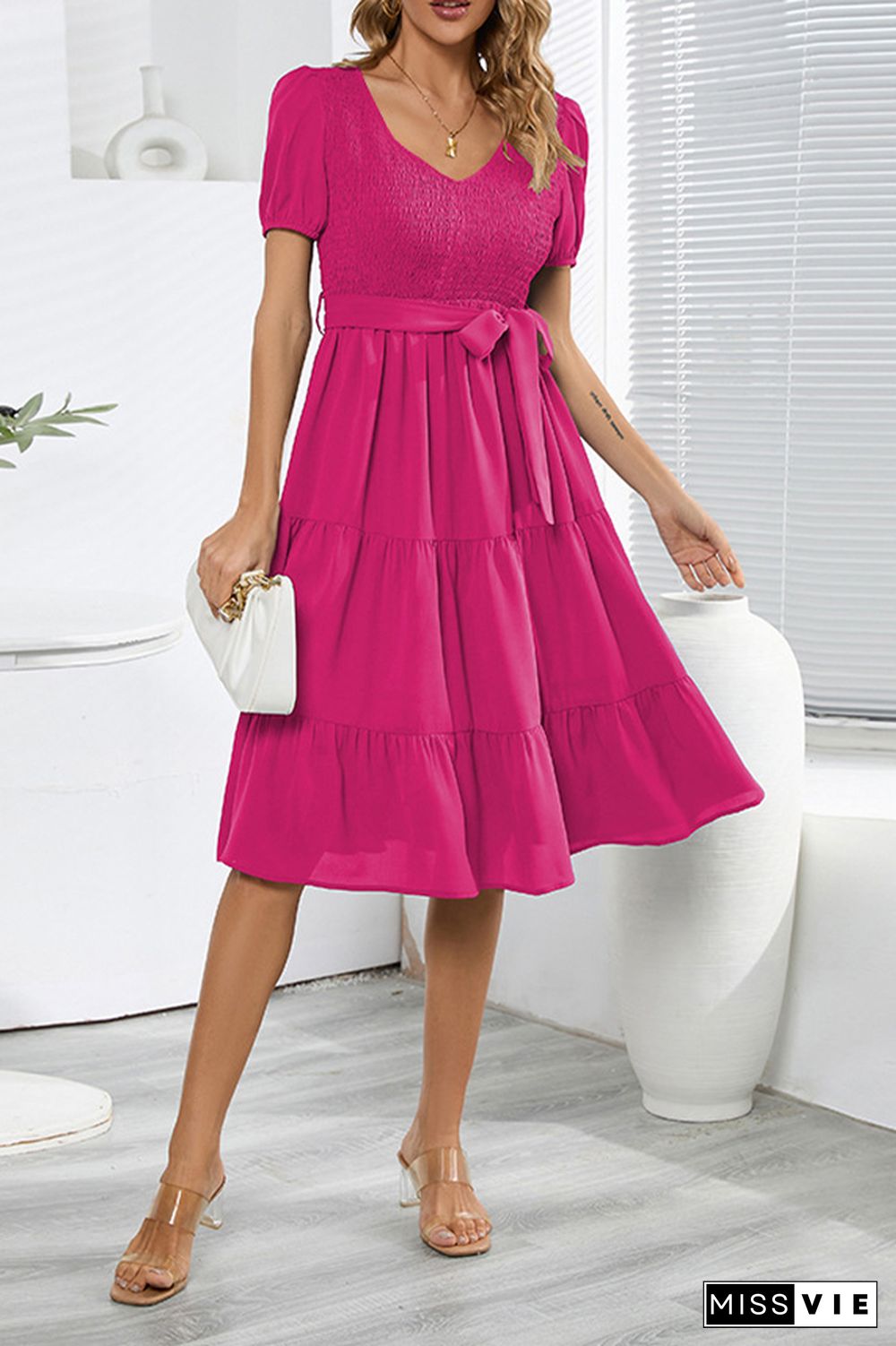 Plain V Neck Smocked Puff Tiered Midi Dress