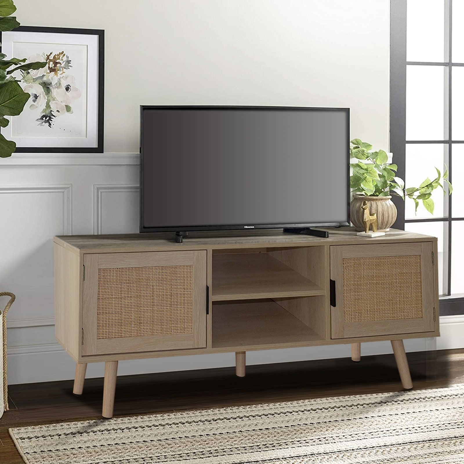 Anmytek 47 inch Natural Oak TV Stand Fits TVs Up to 55 in Entertainment Cabinet Media Console with Rattan Doors