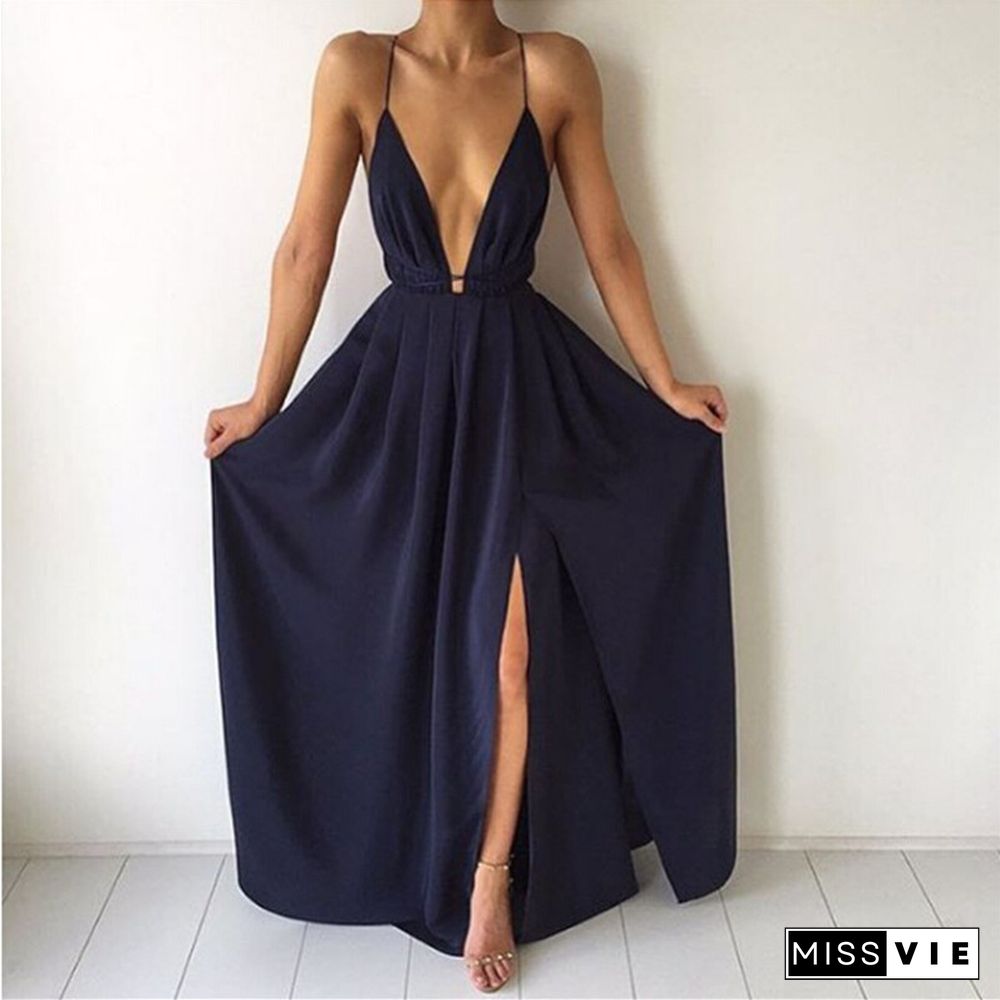 Fashion Sexy V-neck Low Chest Suspender Backless Women's Chiffon Dress