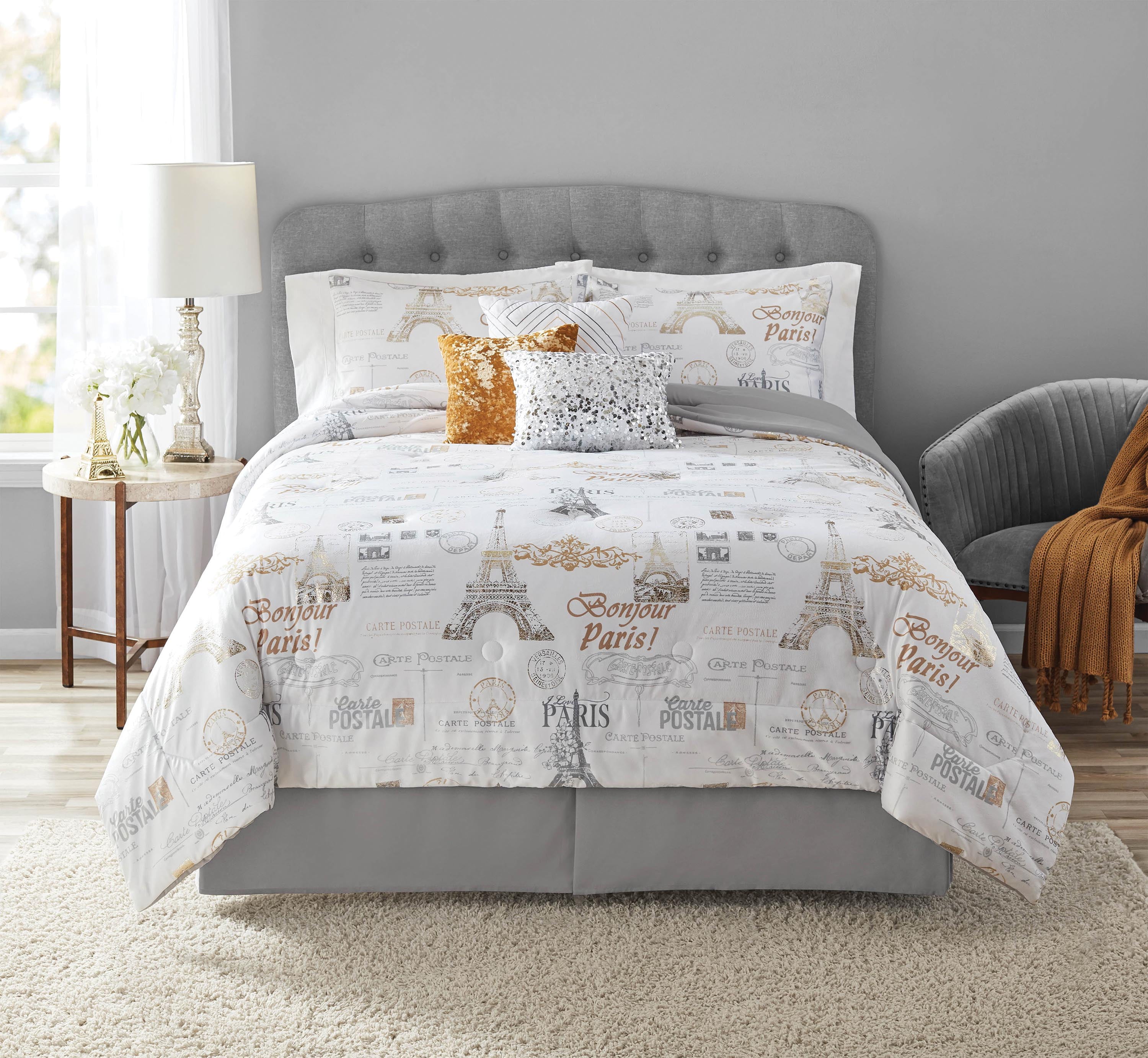 Mainstays 7-Piece Glam Paris Comforter Set， Gold， Full/Queen， Pick up In Store