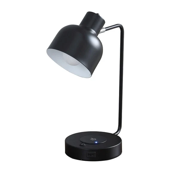 15 Inch Metal Table Lamp， Adjustable Shade， Wireless Charging， Black