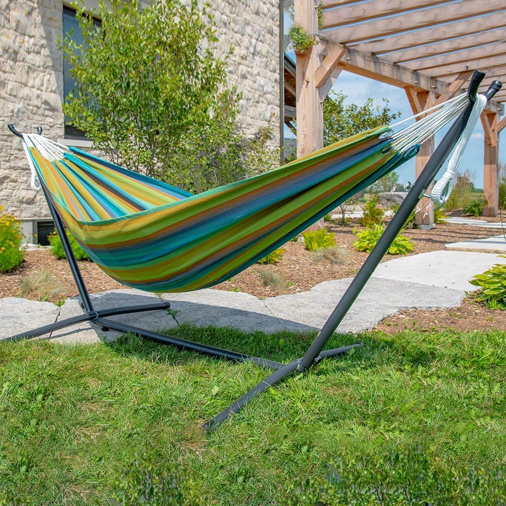 Double Cotton Hammock with Space Saving Steel Stand, Tropical (450 lb Capacity - Premium Carry Bag Included)