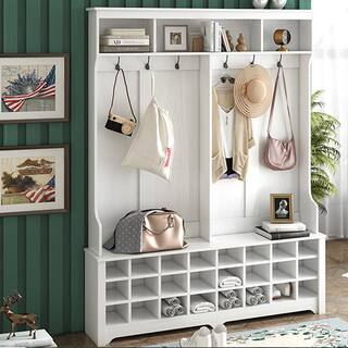 Seafuloy 77.1 in. H White Multiple Functions Hallway Coat Rack with Metal Black Hooks and 24-Shoe Cubbies C-WF286983AAK