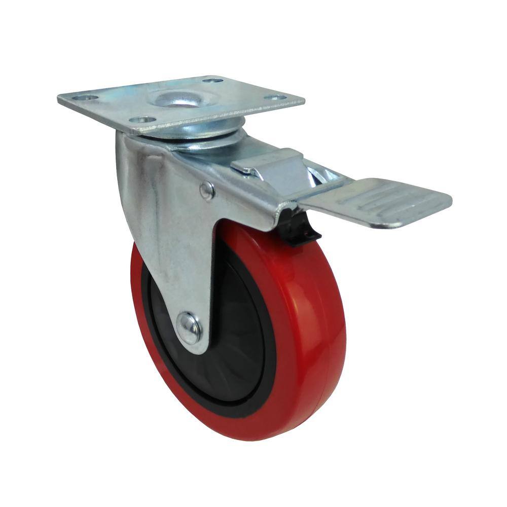 Everbilt 5 in. Red Polyurethane and Steel Swivel Plate Caster with Locking Brake and 330 lbs. Load Rating 4120945EB