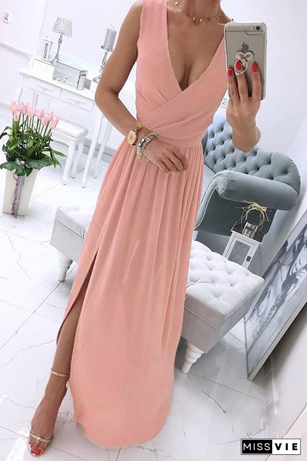 Deep V Neck Slit Maxi Dress