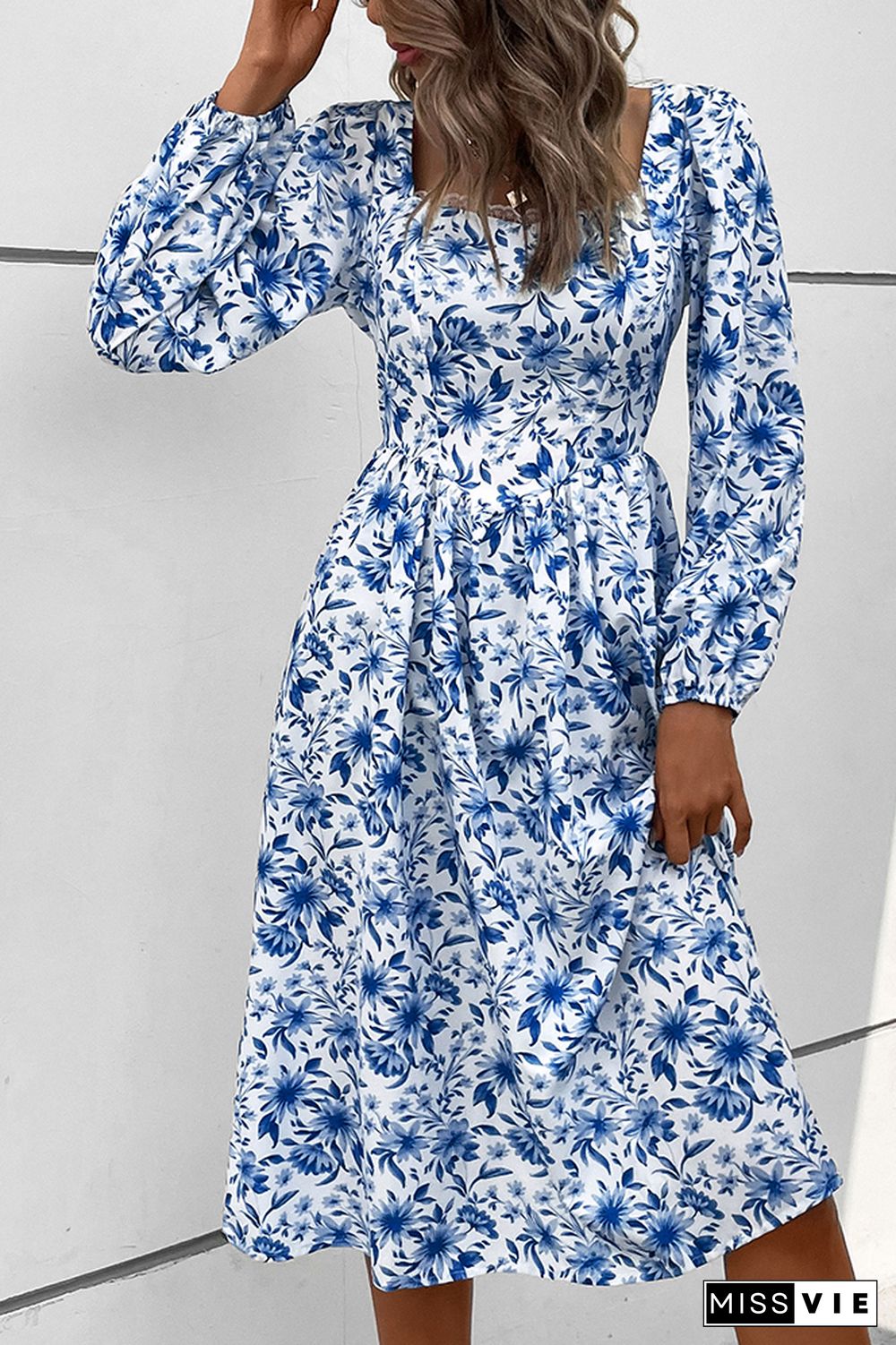 Blue Square Neck Elastic Waist Floral Dress