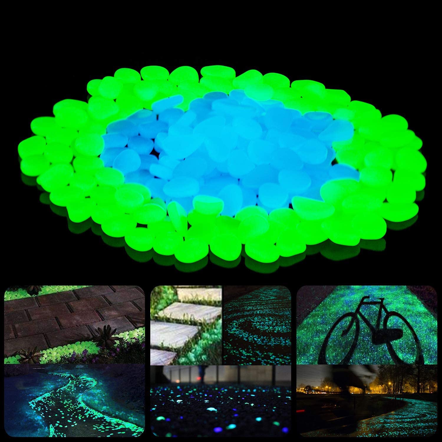 300pcs Glow in The Dark Garden Pebbles Stones, EEEkit Glowing Rocks Indoor Outdoor Decor for Fish Tank Aquarium Walkway Yard Lawns Driveway Decorative Luminous Pebbles Powered by Light or Solar