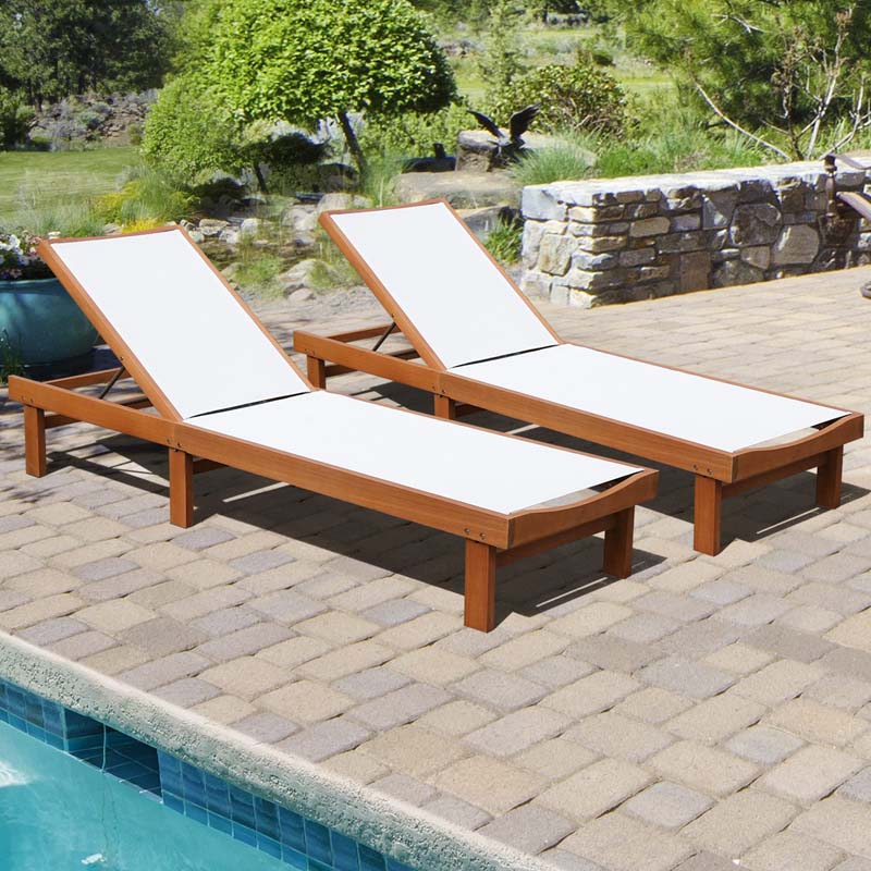 5-Position Wood Outdoor Patio Chaise Lounge Chair Pool Sun Lounger with Breathable Fabric