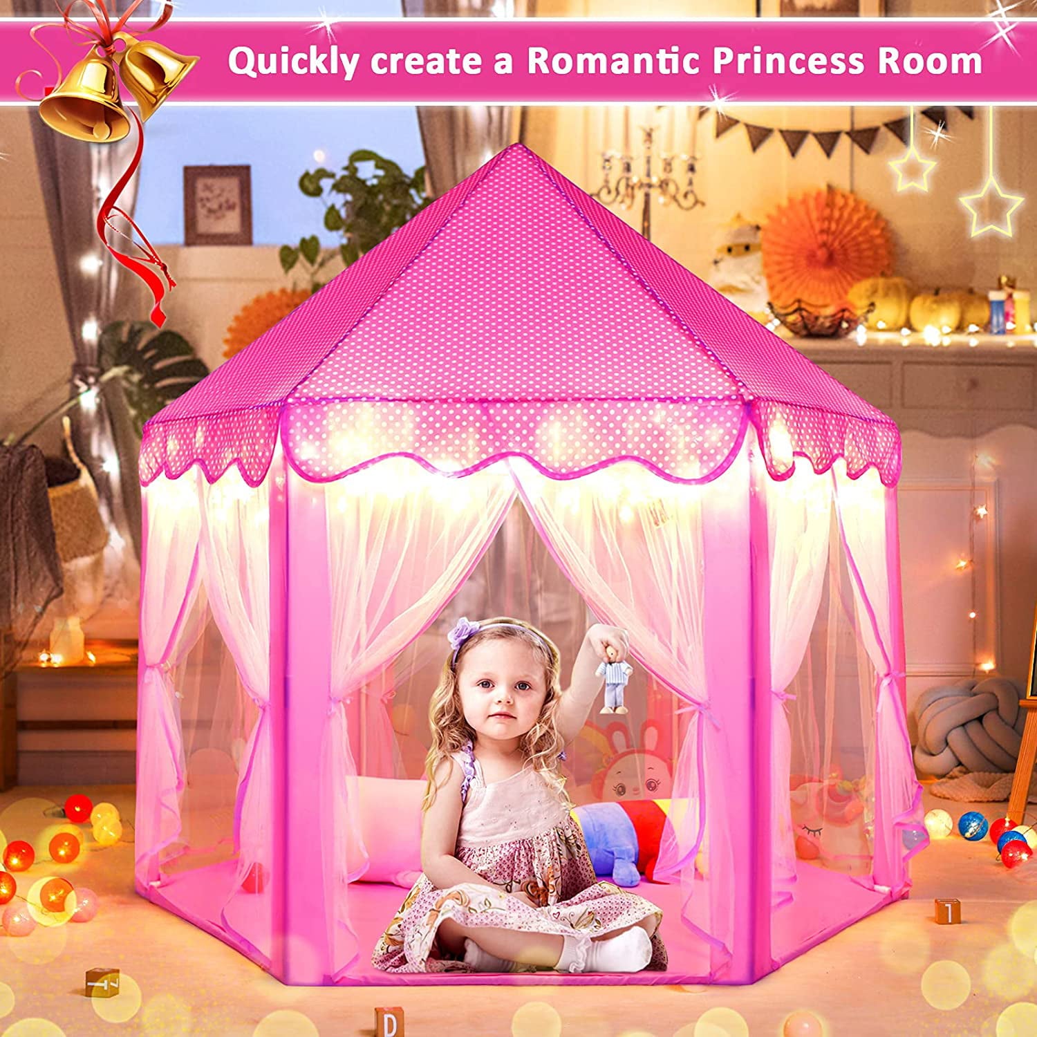 Princess Castle Tent Glow in the Dark, Kids Play Tent Toys for 1 2 3 Year Old Girl, Pop Up Portable Children Teepee Playhouse for Indoor and Outdoor, Gifts for Birthday Party Activities