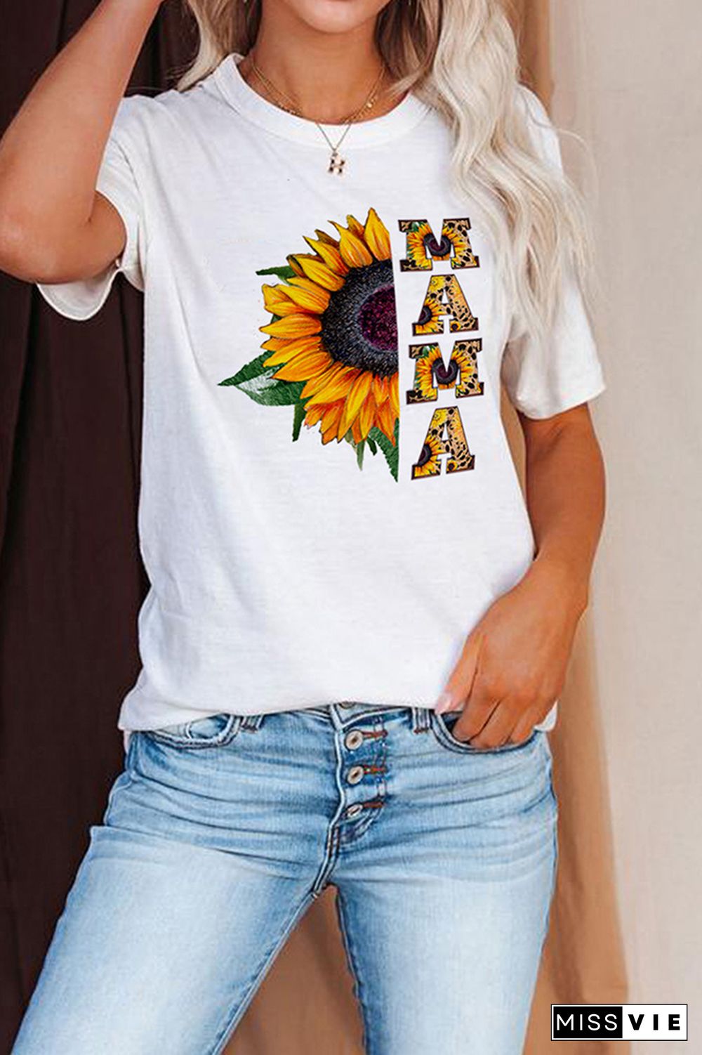 Sunflower Mama Print Graphic Tees for Women Wholesale Short Sleeve T shirts Top