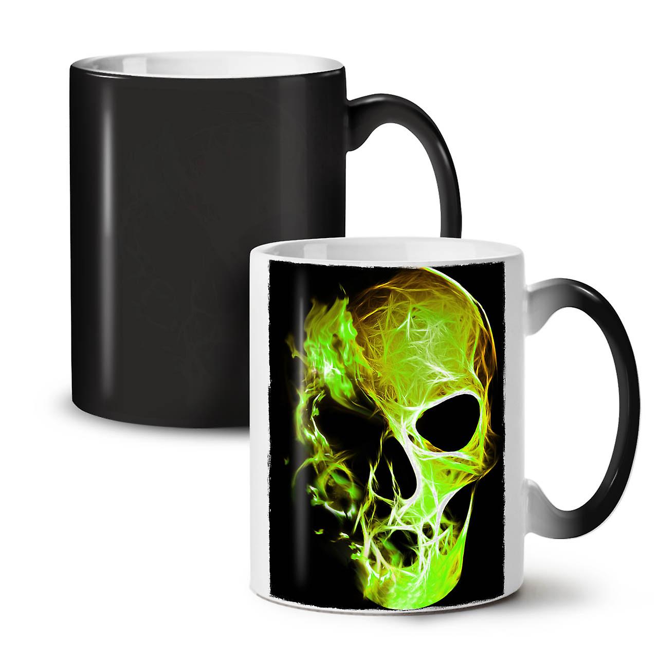 Green Flame Death Skull NEW Black Colour Changing Tea Coffee Ceramic Mug 11 oz | Wellcoda