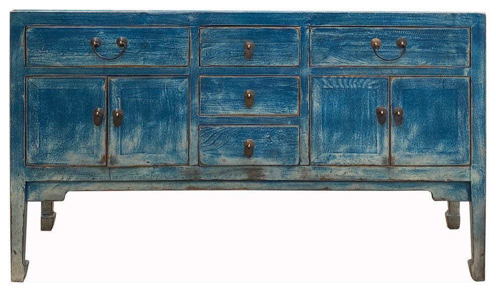 Distressed Teal Sailor Blue Tall Console Table Cabinet Credenza Hcs7479   Farmhouse   Console Tables   by Golden Lotus Antiques  Houzz