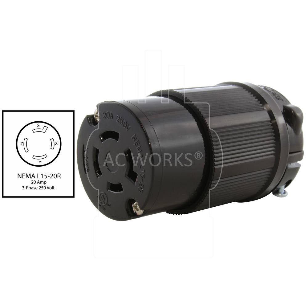 AC WORKS NEMA 20 Amp 250-Volt 3-Phase 4-Prong Locking Female Connector with UL C-UL ASL1520R-BK