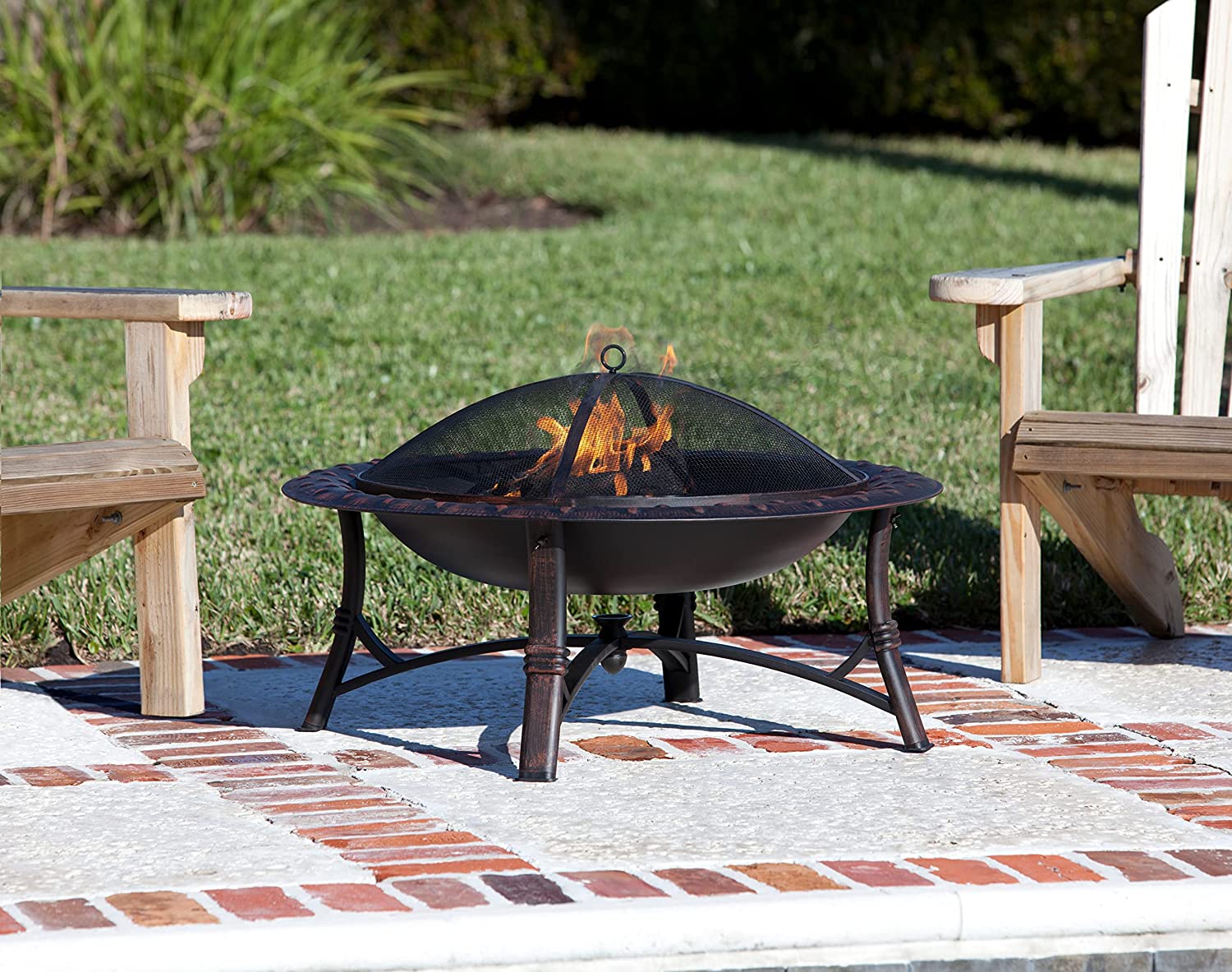 Fire Sense 60857 Fire Pit Roman Brushed Painted Steel Legs Wood Burning Lightweight Portable Patio Outdoor Firepit Backyard Fireplace Included Screen Lift Tool - 35