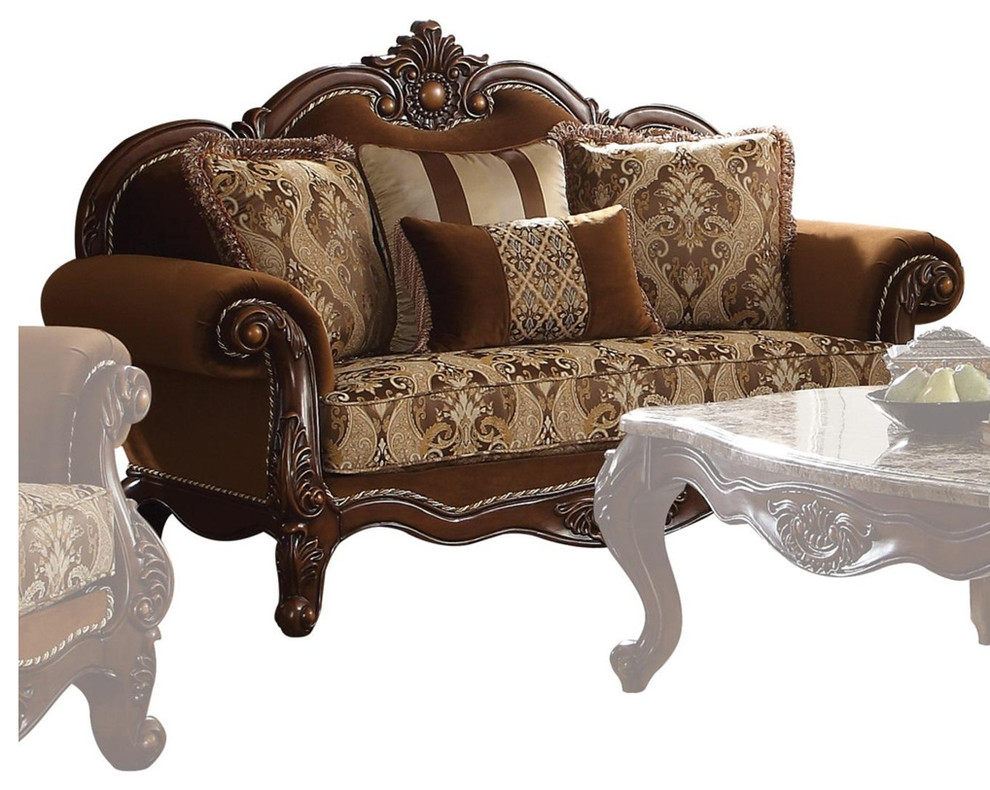 Fabric Upholstery Rolled Arm Loveseat With Four Pillows  Cherry Oak   Victorian   Loveseats   by VirVentures  Houzz