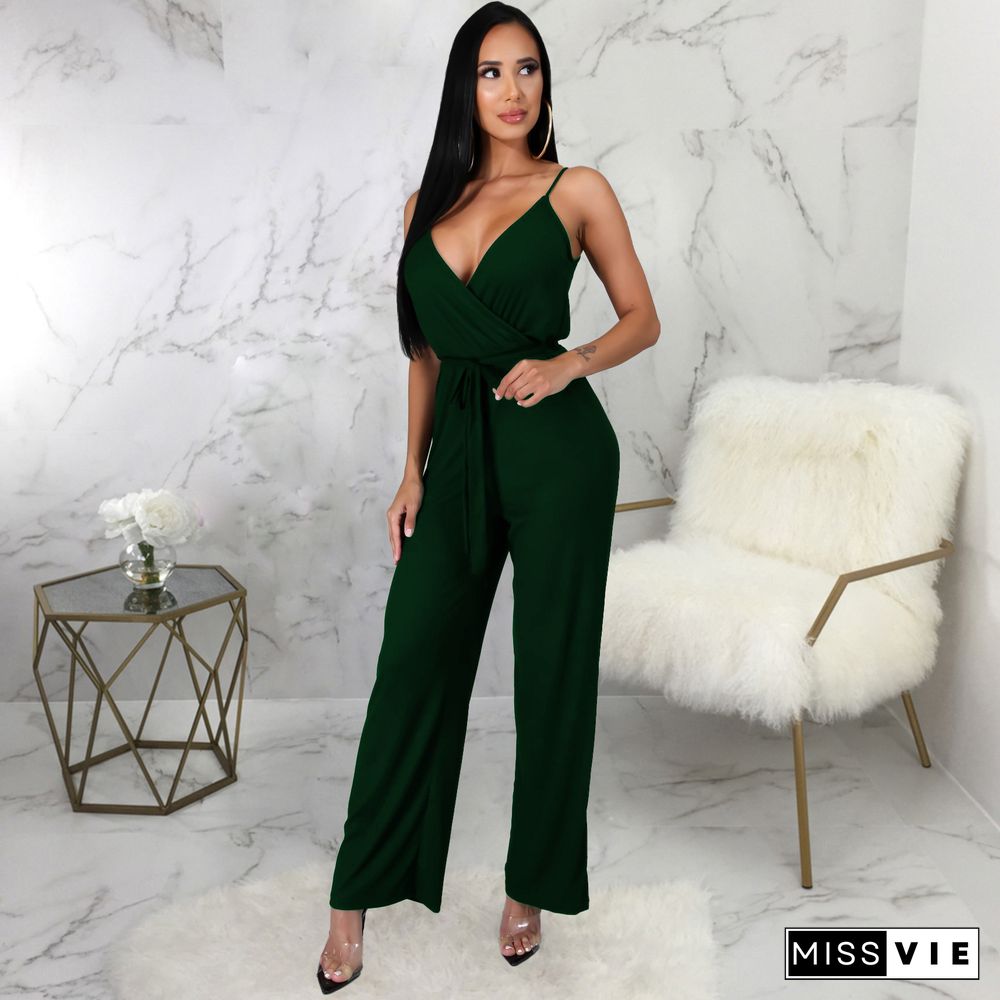 Women Elegant Summer Deep V Neck Sleeveless Solid Color Wide Leg Spaghetti Strap Bandage Jumpsuit