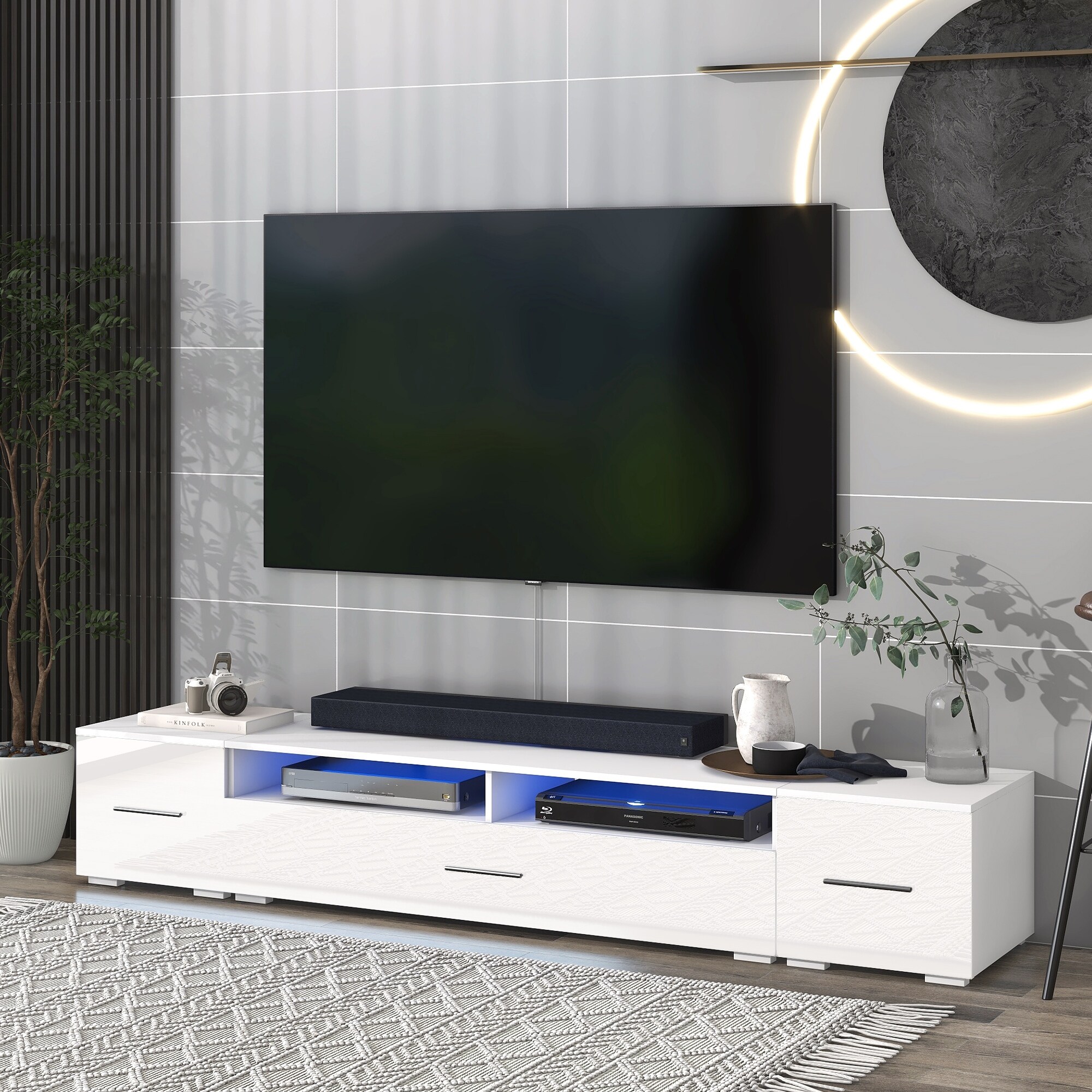 82''W Extended Minimalist RGB LED Lights TV Stand Modern Universal Entertainment Center High Gloss TV Cabinet for 90+ inch TV