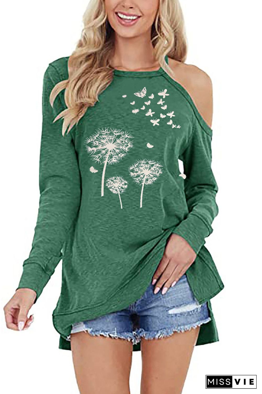 Dandelion Print One Shoulder Graphic Tee Women Wholesale Long Sleeve T shirts Top