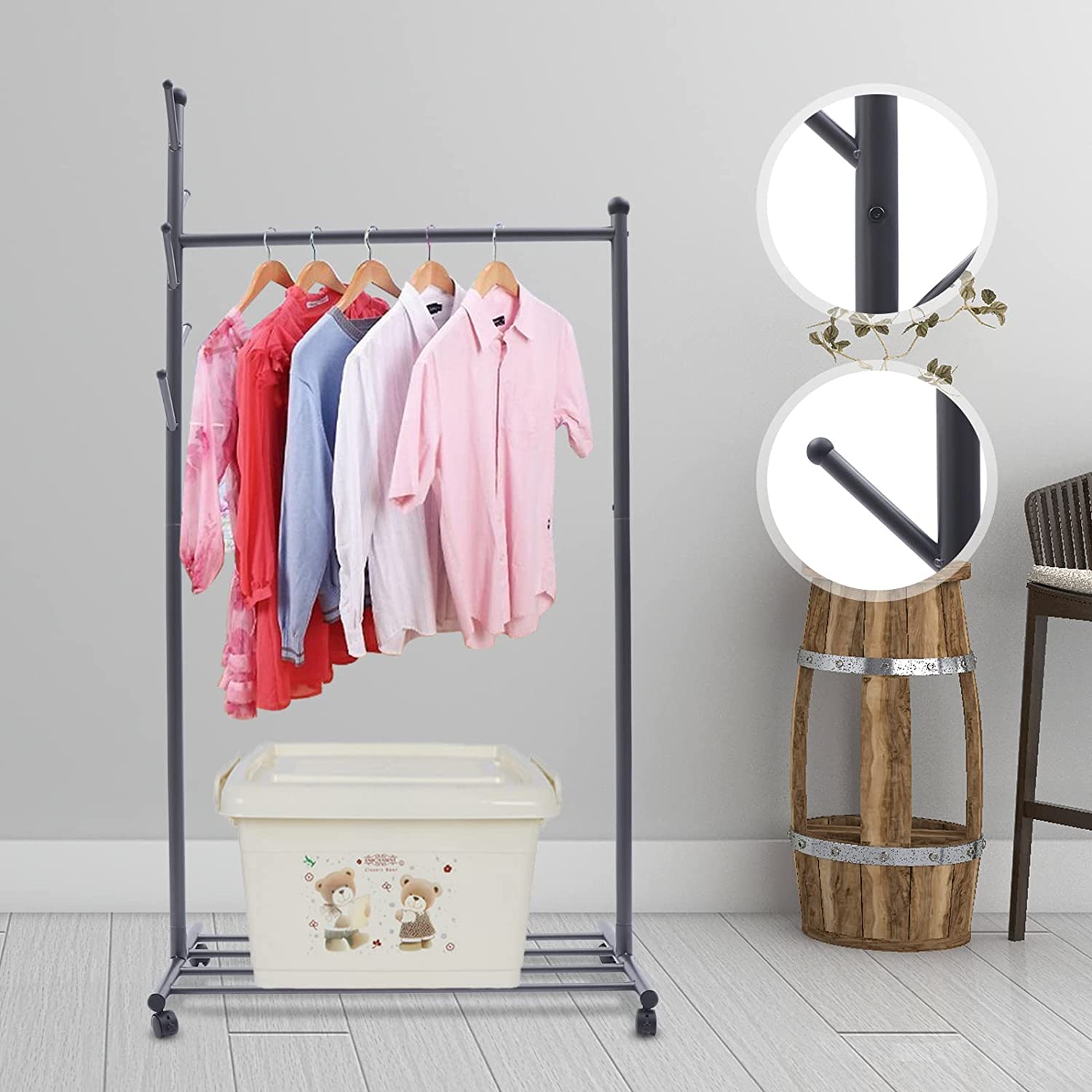 Flkoendmall Clothes and Hat Rack Movable Garment Hanger+ Shoes Shelf+HatandBags Hanging Hooks Gray