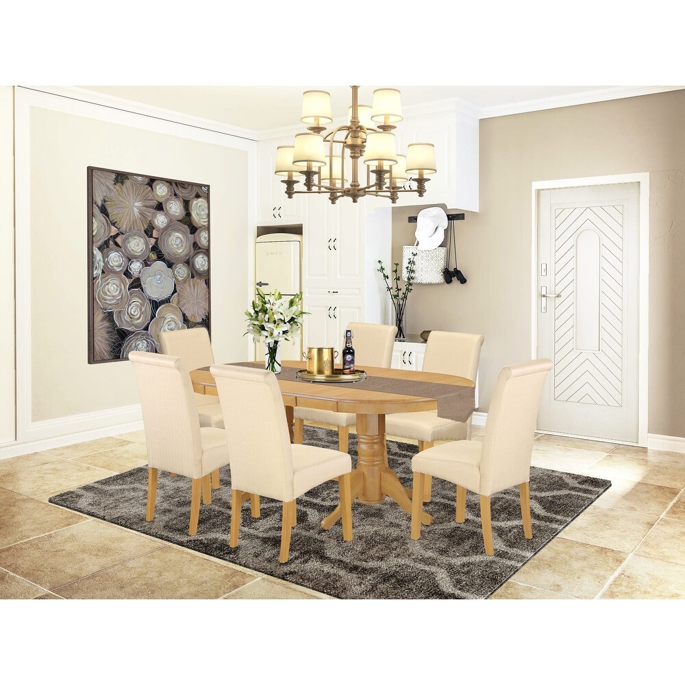 East West Furniture Kitchen Table Set  an Oval Dining Table and Light Beige Linen Fabric Parson Chairs  Oak(Pieces Options)