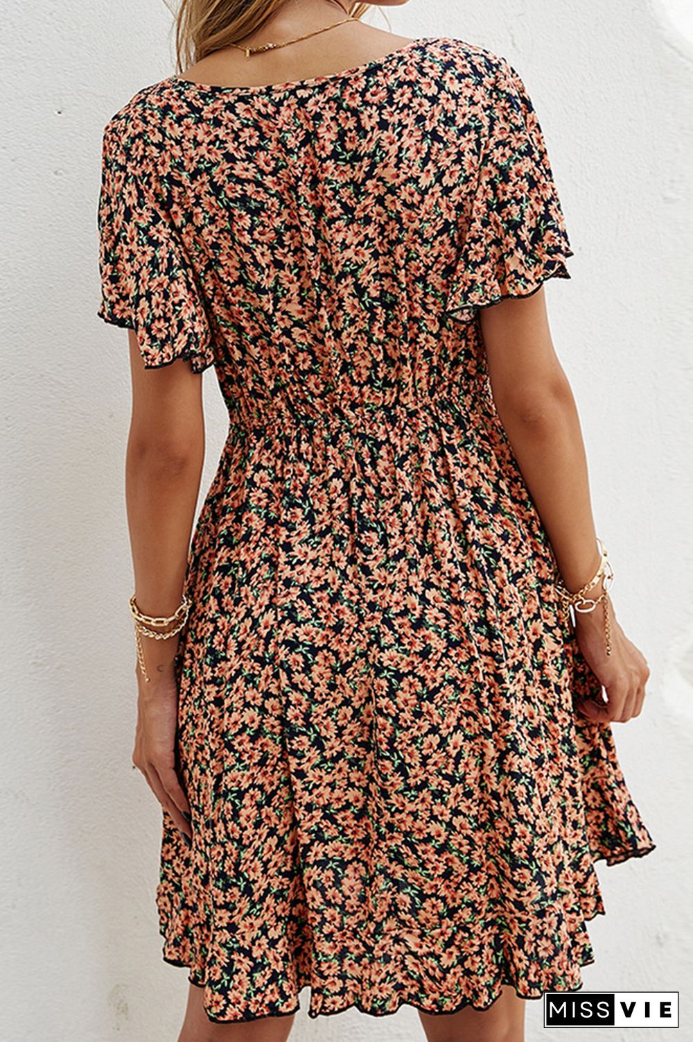 Short Sleeves V Neck Flower Print Ruffle Dress