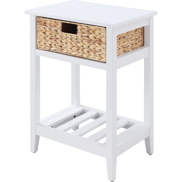 MDF Accent Table with Rattan Storage Basket and Slatted Shelf