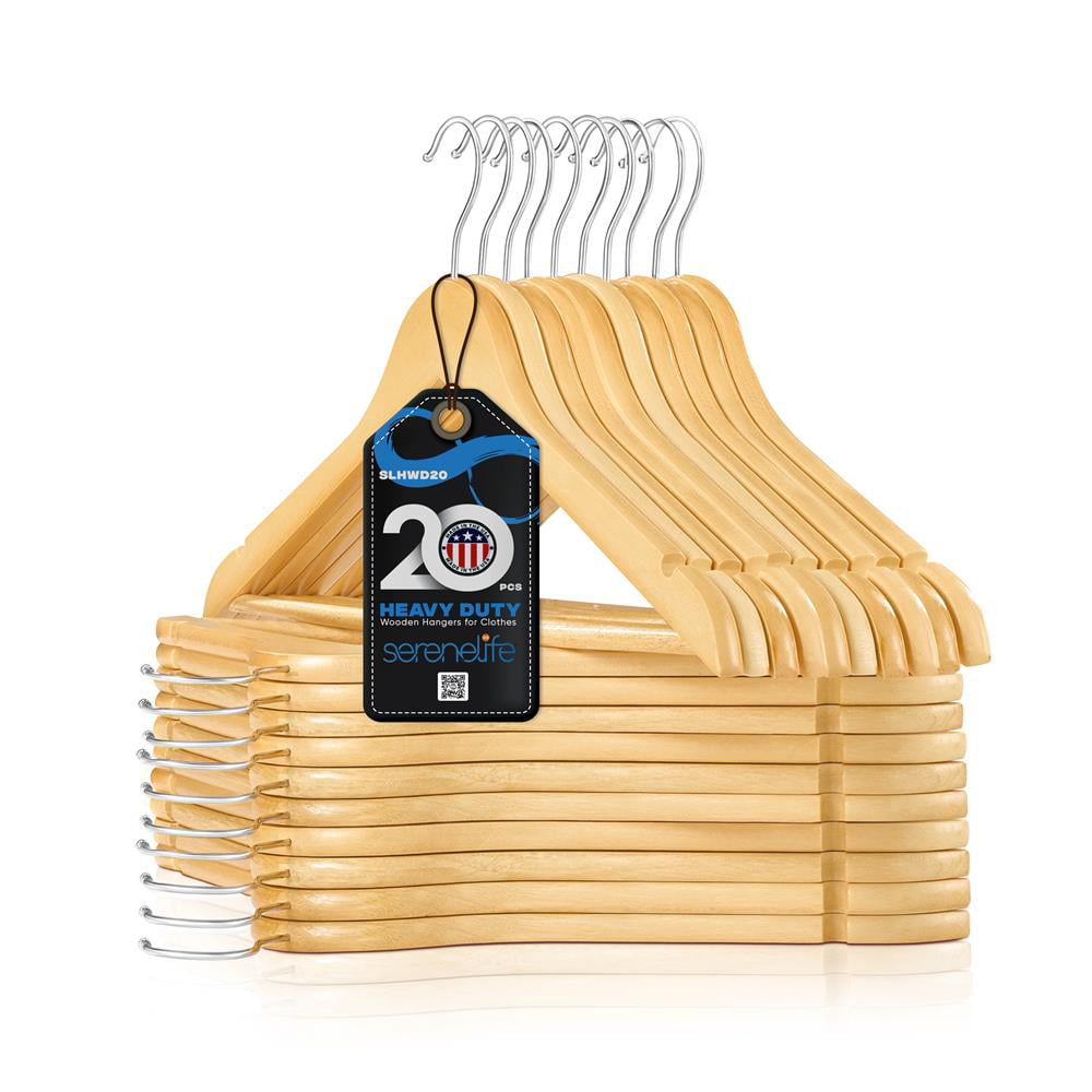 Premium Solid Wooden Hangers - Smooth Finish Space Saving Heavy Duty Suit Clothes Hanger Set w/ 360 Degree Swivel Metal Hook, Precisely Cut Notches, for Coats Jackets Pants Dress (20-Pack)