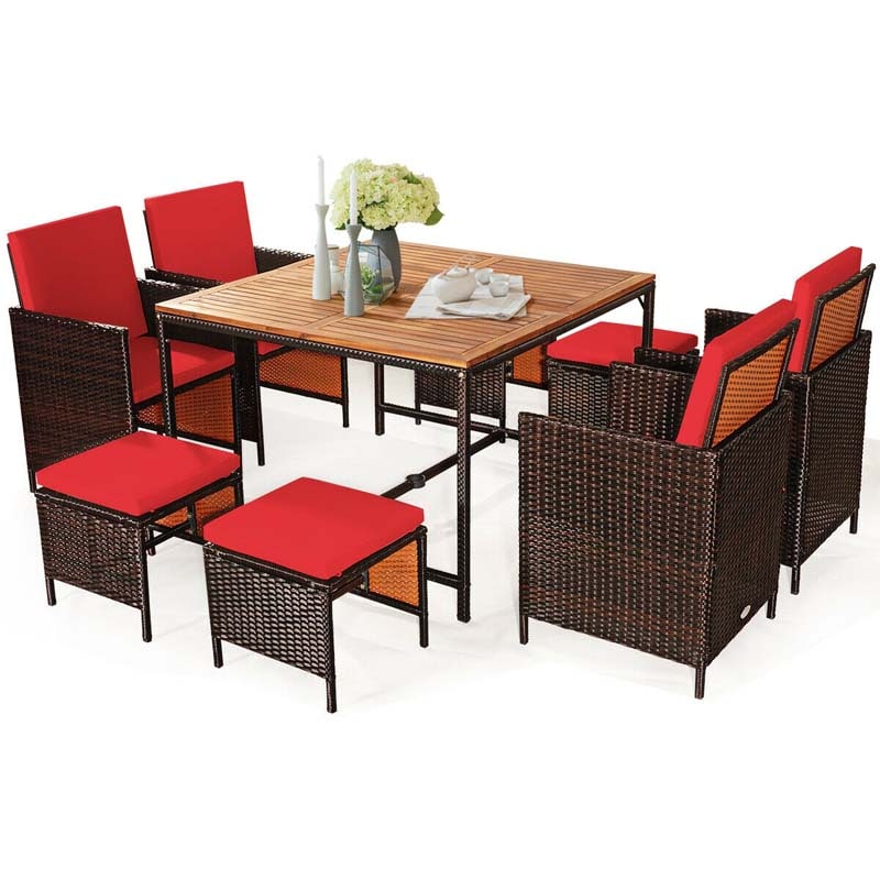 9 Pcs Rattan Wicker Outdoor Patio Dining Set with Acacia Wood Dining table, 4 Ottomans, 4 Cushioned Armchairs