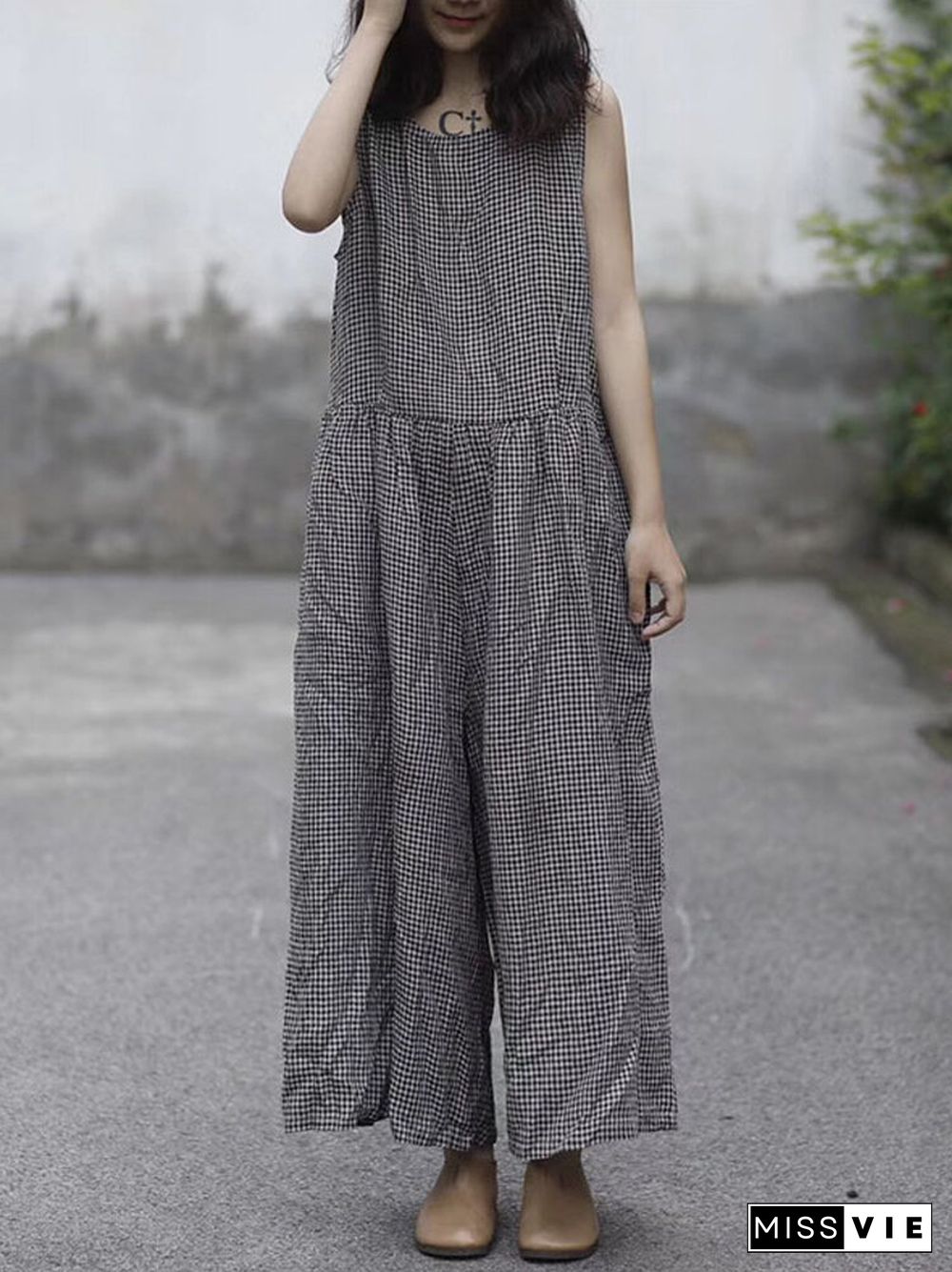 Plaid Wide Leg Sleeveless Baggy Black Overalls Jumpsuit