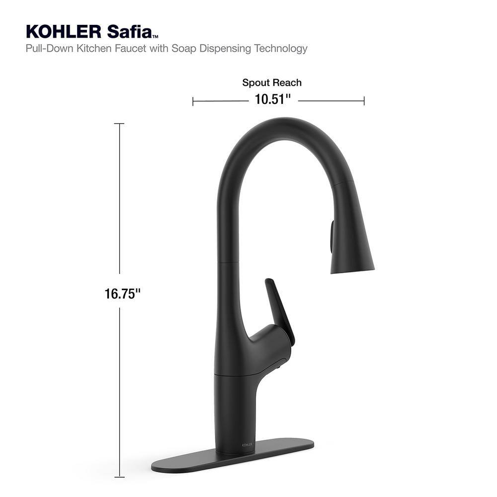 KOHLER Safia 1-Handle Pull Down Sprayer Kitchen Faucet with Integrated Soap Dispenser in Matte Black K-R24298-BL