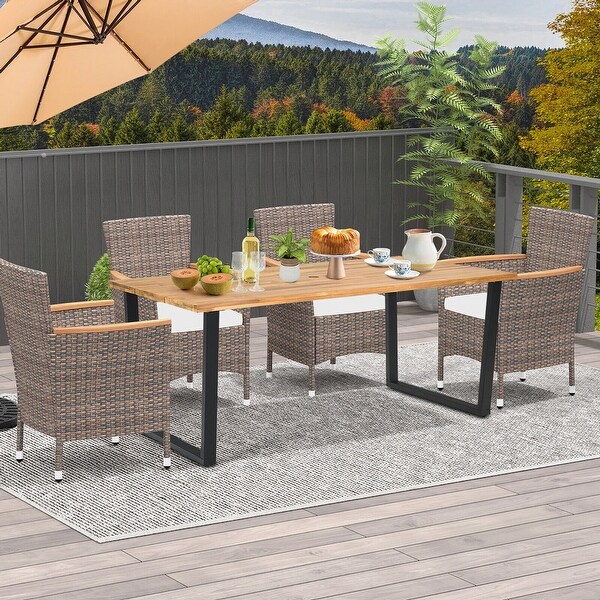 Gymax Patio Rectangle Dining Table Acacia Wood w/ 2'' Umbrella Hole