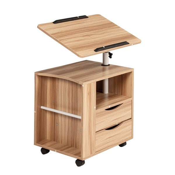 Height Adjustable Overbed End Table Wooden Nightstand with Swivel Top Storage Drawers Wheels and Open Shelf