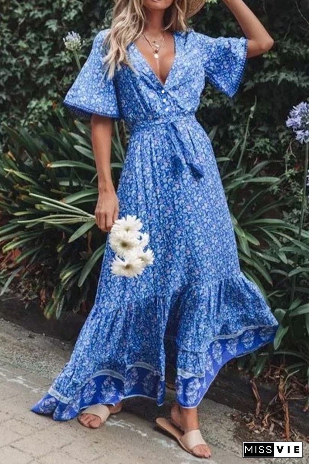 V Neck Buttoned Boho Print Maxi Dress